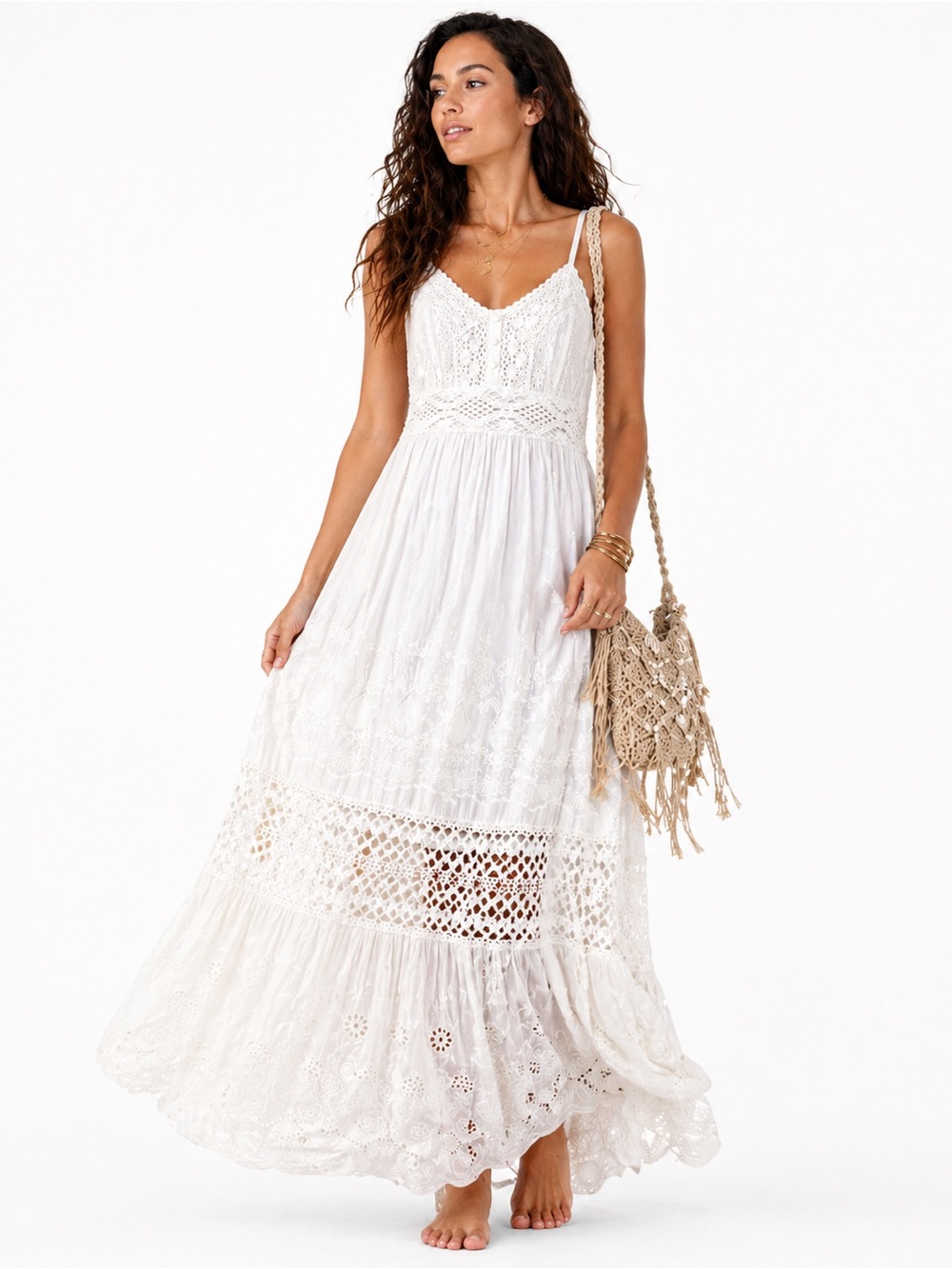 Y1456.NWT White Crochet Maxi Dress with Lace Details %100 cotton ,Lined